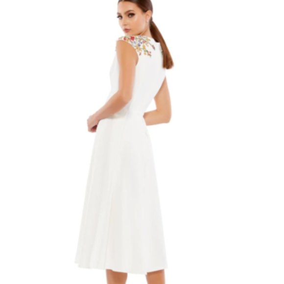 MAC DUGGAL BEADED CAP SLEEVE A-LINE FRONT SLIT WHITE MIDI DRESS sz 14 - Picture 2 of 3